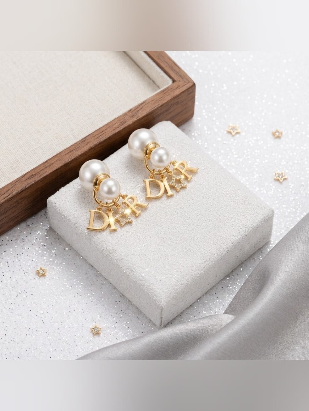 Gold Crystal Pearl Fashion Inspired Earrings With Silver Posts
